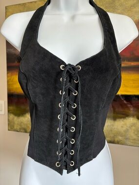 Wilson Black Suede Lace-Up Halter Camisole top sz M Gothic
